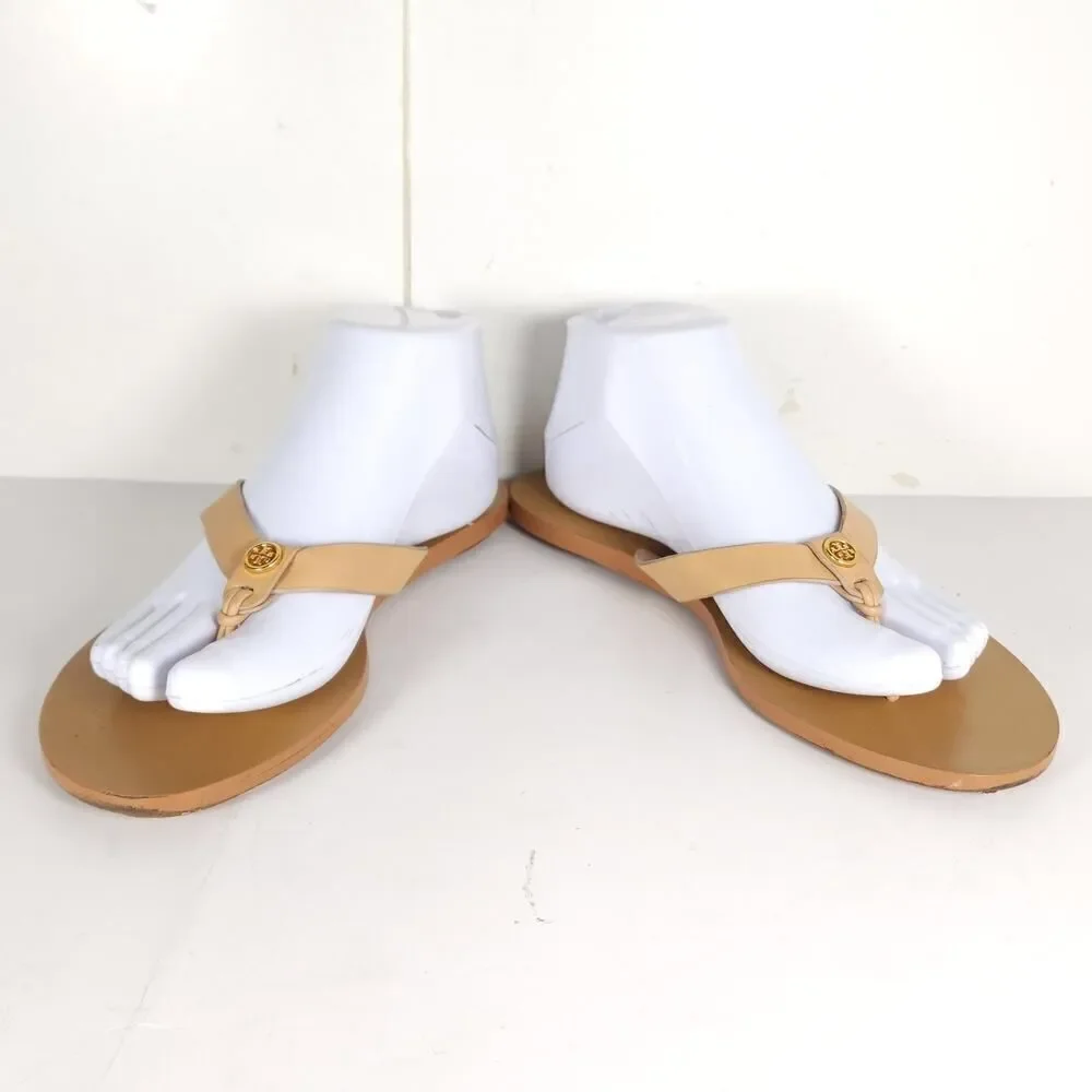 Tory Burch Women's Manon US9M Natural Leather Flat Thong Flip Flops Sandals